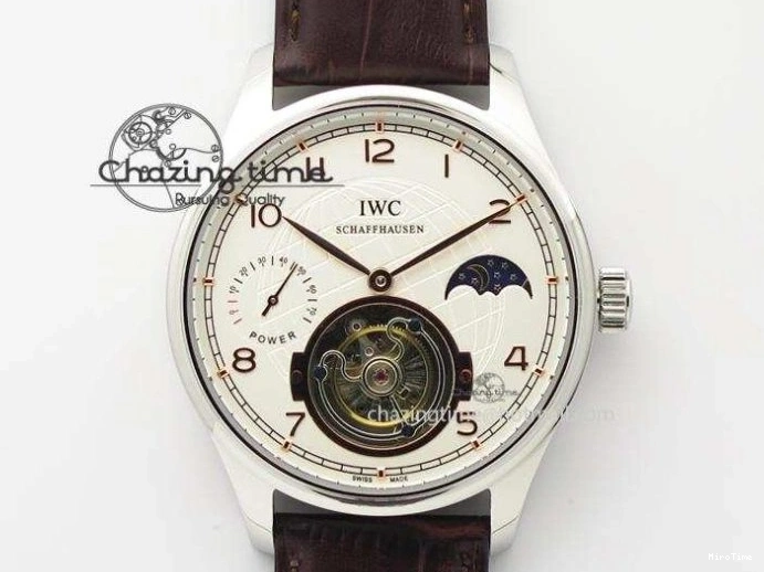 MIROTIME 0213 Chic Portuguese Tourbillon Power Reserve Moonphase SS White Dial Gold Numbers On Black Leather Strap 7319